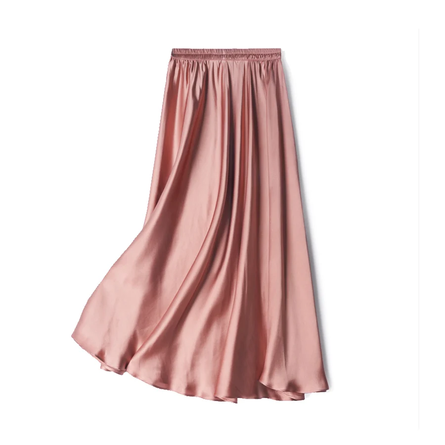 SuyaDream Women Pleated Skirt, 100%Real Silk, Elastic Waist, Solid Long A-Line Skirts, 2025 Spring Summer Bottoms