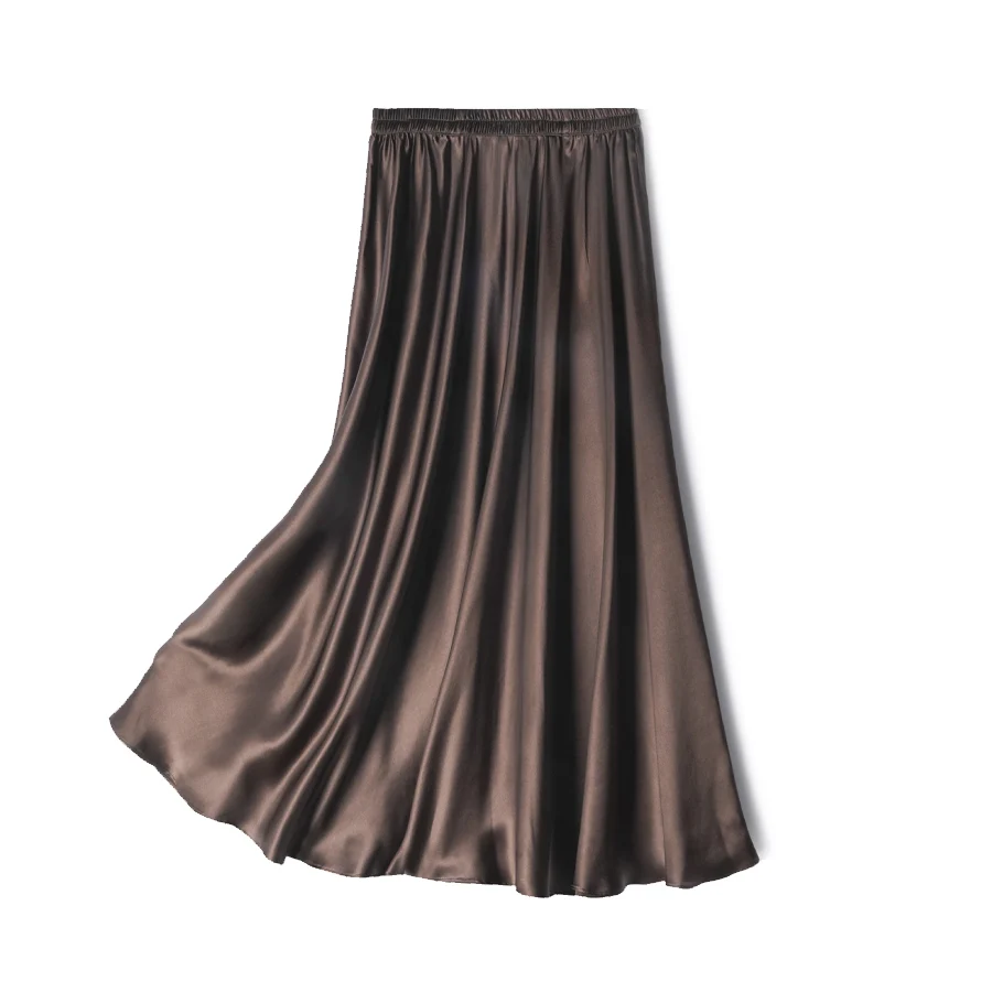 SuyaDream Women Pleated Skirt, 100%Real Silk, Elastic Waist, Solid Long A-Line Skirts, 2025 Spring Summer Bottoms