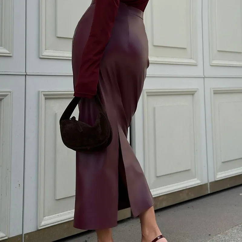 Fashion Senior PU Leather Skirts Women Sexy High Waist Slim Split Package Hip Skirts Female Elegant Office Pencil Long Skirt