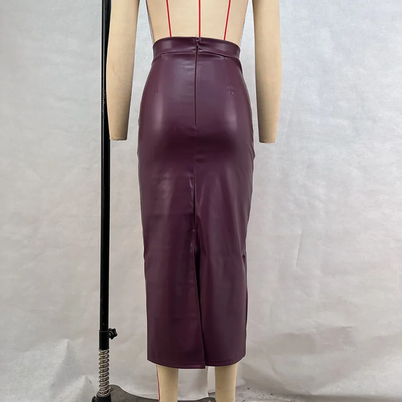 Fashion Senior PU Leather Skirts Women Sexy High Waist Slim Split Package Hip Skirts Female Elegant Office Pencil Long Skirt