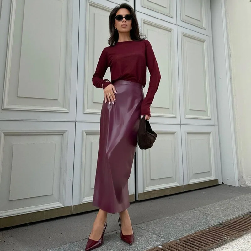 Fashion Senior PU Leather Skirts Women Sexy High Waist Slim Split Package Hip Skirts Female Elegant Office Pencil Long Skirt