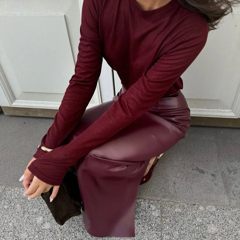 Fashion Senior PU Leather Skirts Women Sexy High Waist Slim Split Package Hip Skirts Female Elegant Office Pencil Long Skirt