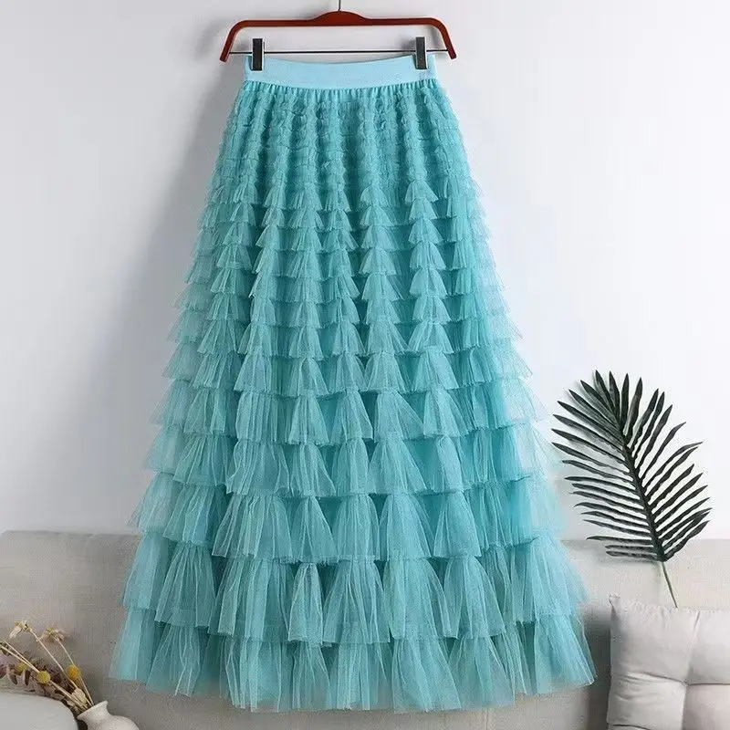 Chamliforve Women Tulle Mesh Skirt Elegant Elastic Waist Fairy Long A-line Tutu Skirt for Spring Summer Long Cake Skirt