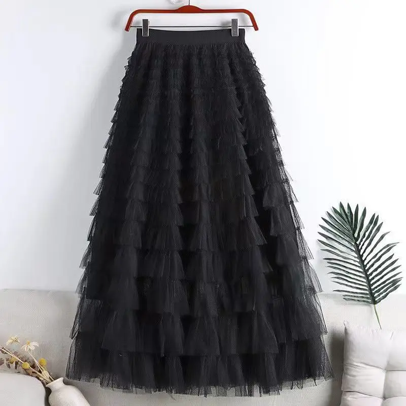 Chamliforve Women Tulle Mesh Skirt Elegant Elastic Waist Fairy Long A-line Tutu Skirt for Spring Summer Long Cake Skirt