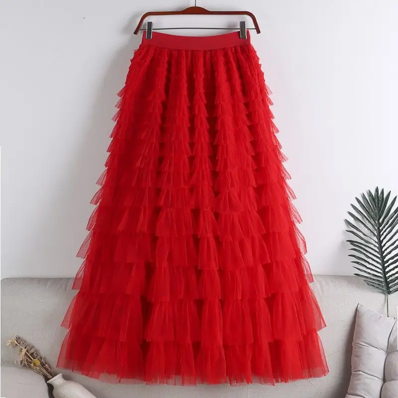 Chamliforve Women Tulle Mesh Skirt Elegant Elastic Waist Fairy Long A-line Tutu Skirt for Spring Summer Long Cake Skirt