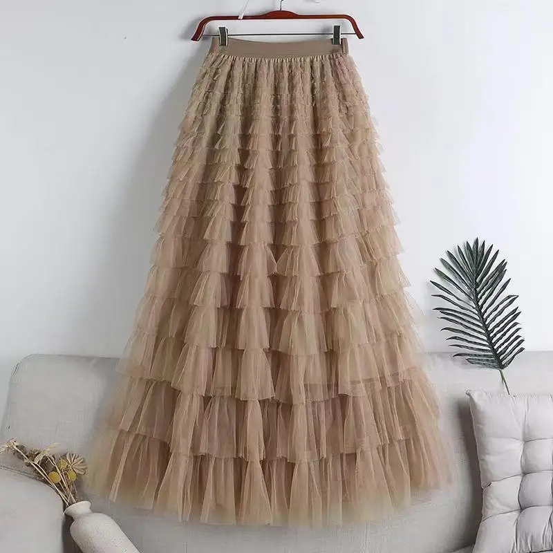 Chamliforve Women Tulle Mesh Skirt Elegant Elastic Waist Fairy Long A-line Tutu Skirt for Spring Summer Long Cake Skirt