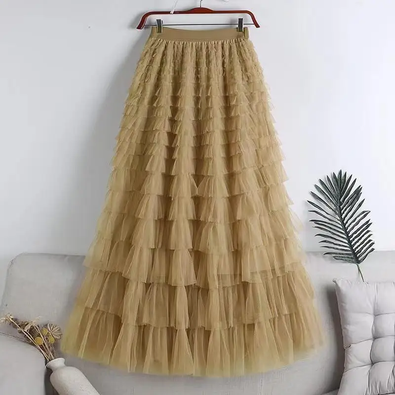 Chamliforve Women Tulle Mesh Skirt Elegant Elastic Waist Fairy Long A-line Tutu Skirt for Spring Summer Long Cake Skirt