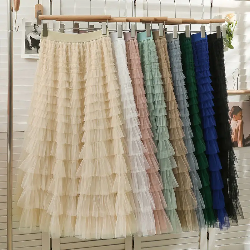 Chamliforve Women Tulle Mesh Skirt Elegant Elastic Waist Fairy Long A-line Tutu Skirt for Spring Summer Long Cake Skirt