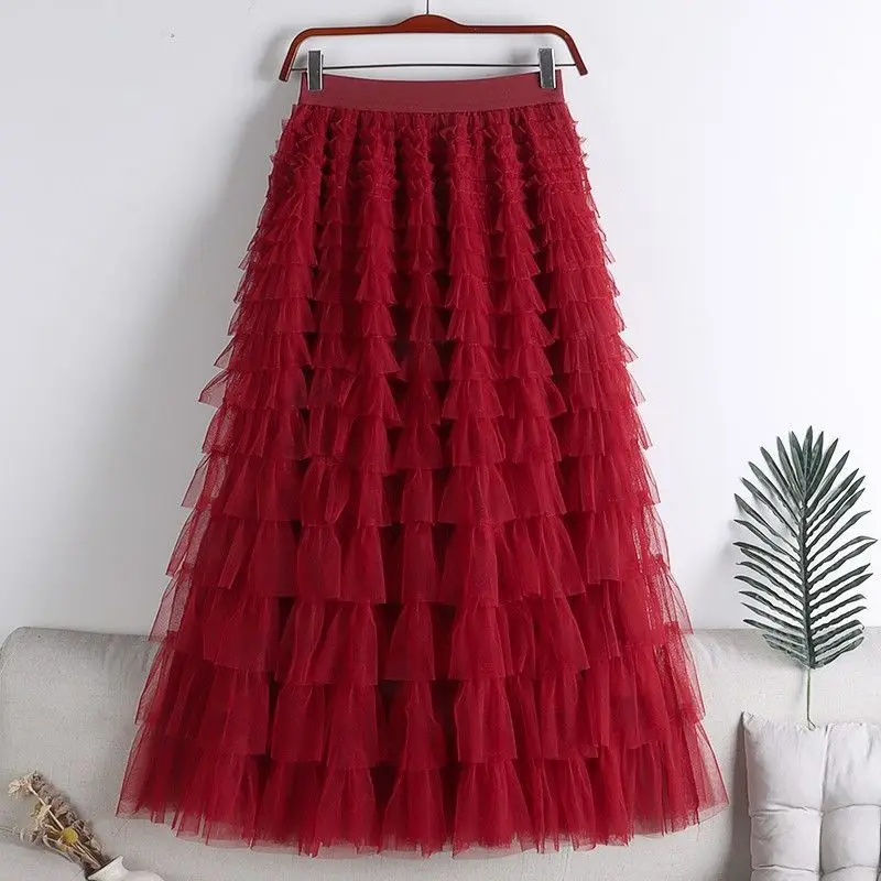 Chamliforve Women Tulle Mesh Skirt Elegant Elastic Waist Fairy Long A-line Tutu Skirt for Spring Summer Long Cake Skirt