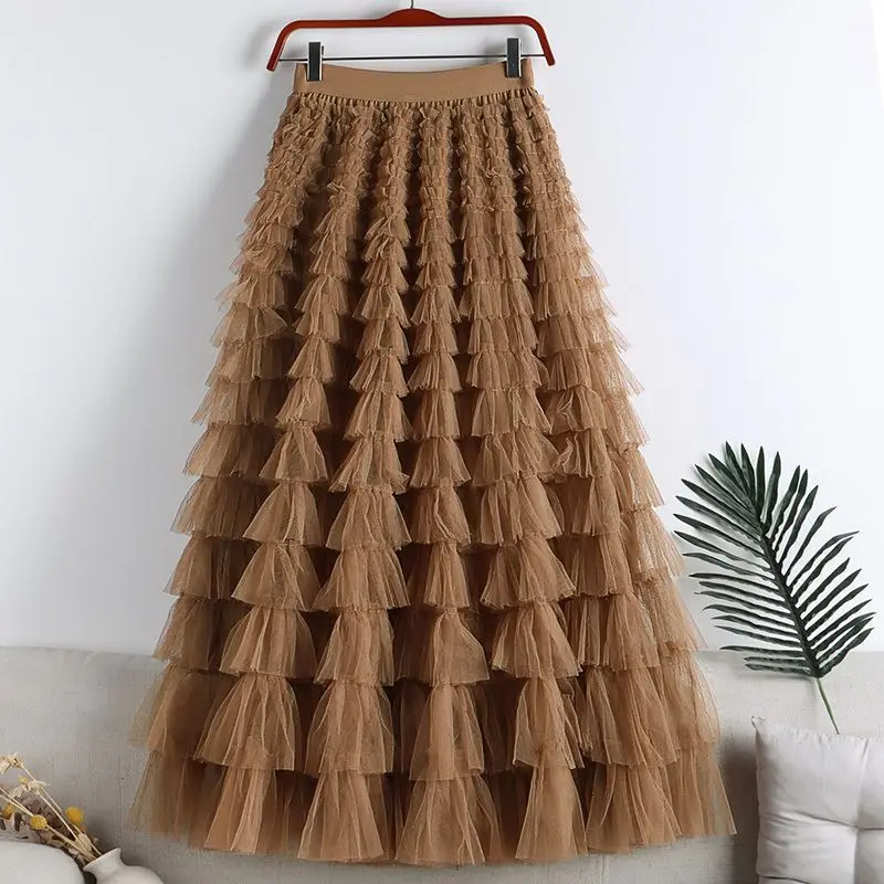 Chamliforve Women Tulle Mesh Skirt Elegant Elastic Waist Fairy Long A-line Tutu Skirt for Spring Summer Long Cake Skirt