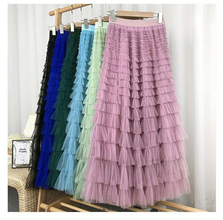 Chamliforve Women Tulle Mesh Skirt Elegant Elastic Waist Fairy Long A-line Tutu Skirt for Spring Summer Long Cake Skirt