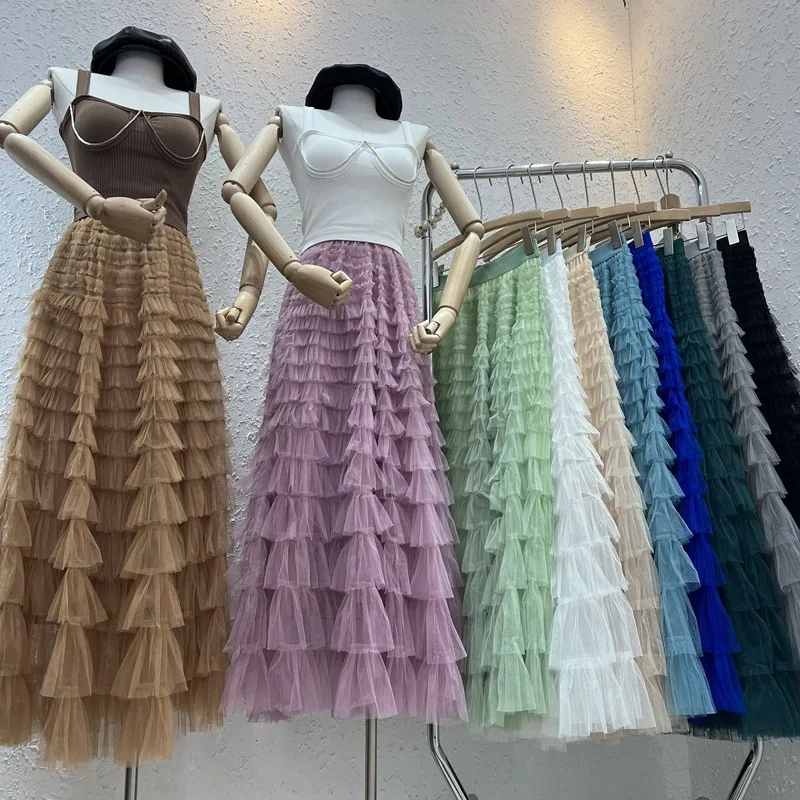 Chamliforve Women Tulle Mesh Skirt Elegant Elastic Waist Fairy Long A-line Tutu Skirt for Spring Summer Long Cake Skirt