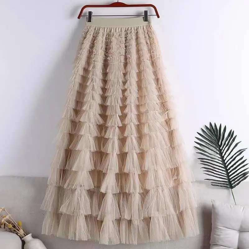 Chamliforve Women Tulle Mesh Skirt Elegant Elastic Waist Fairy Long A-line Tutu Skirt for Spring Summer Long Cake Skirt