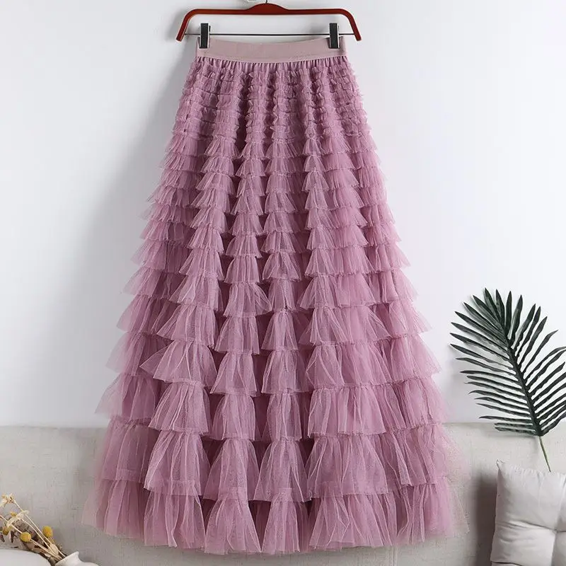 Chamliforve Women Tulle Mesh Skirt Elegant Elastic Waist Fairy Long A-line Tutu Skirt for Spring Summer Long Cake Skirt