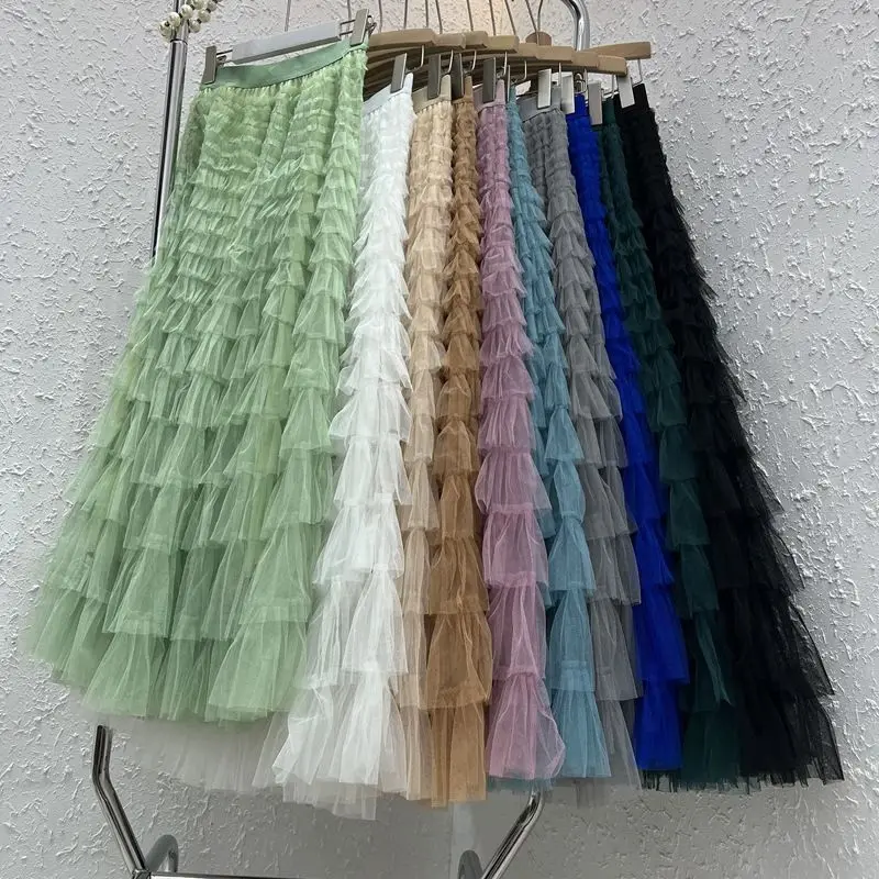 Chamliforve Women Tulle Mesh Skirt Elegant Elastic Waist Fairy Long A-line Tutu Skirt for Spring Summer Long Cake Skirt