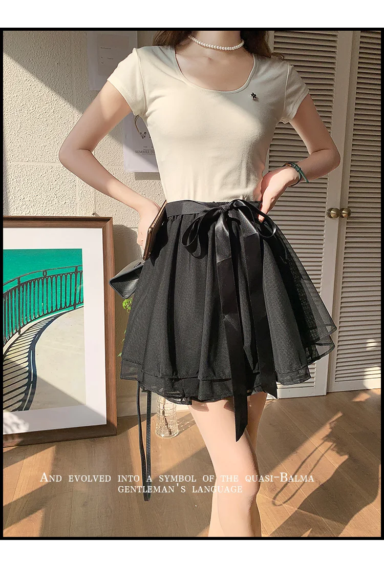Korean Fashion Sweet Mini Skirts Women Lace Patchwork A-line Elastic High Waist Mesh Skirt with Shorts Faldas Ajustadas Dropship