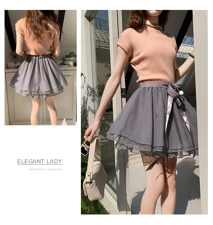 Korean Fashion Sweet Mini Skirts Women Lace Patchwork A-line Elastic High Waist Mesh Skirt with Shorts Faldas Ajustadas Dropship