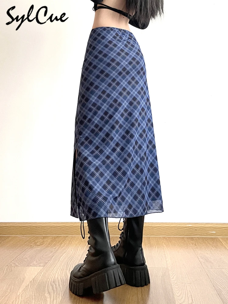 Sylcue French Style Rhomboid Classic Retro All-match Casual Fashionable Cool Self-confidence Street Women Autumn Straight Skirt
