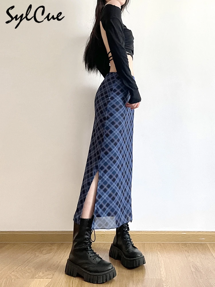 Sylcue French Style Rhomboid Classic Retro All-match Casual Fashionable Cool Self-confidence Street Women Autumn Straight Skirt
