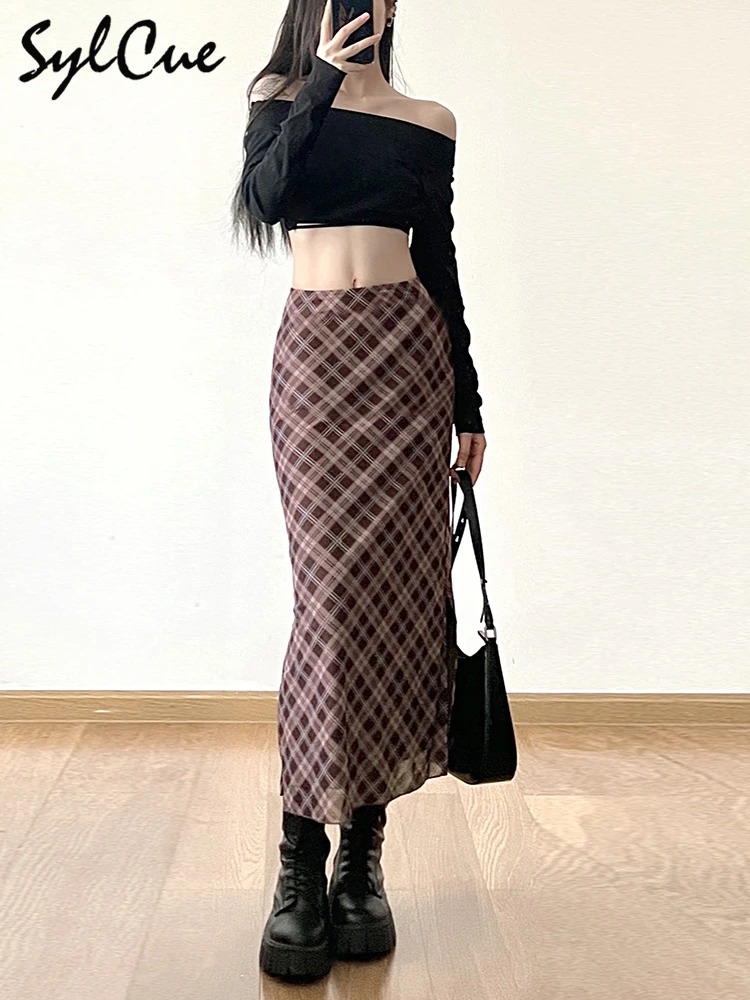 Sylcue French Style Rhomboid Classic Retro All-match Casual Fashionable Cool Self-confidence Street Women Autumn Straight Skirt