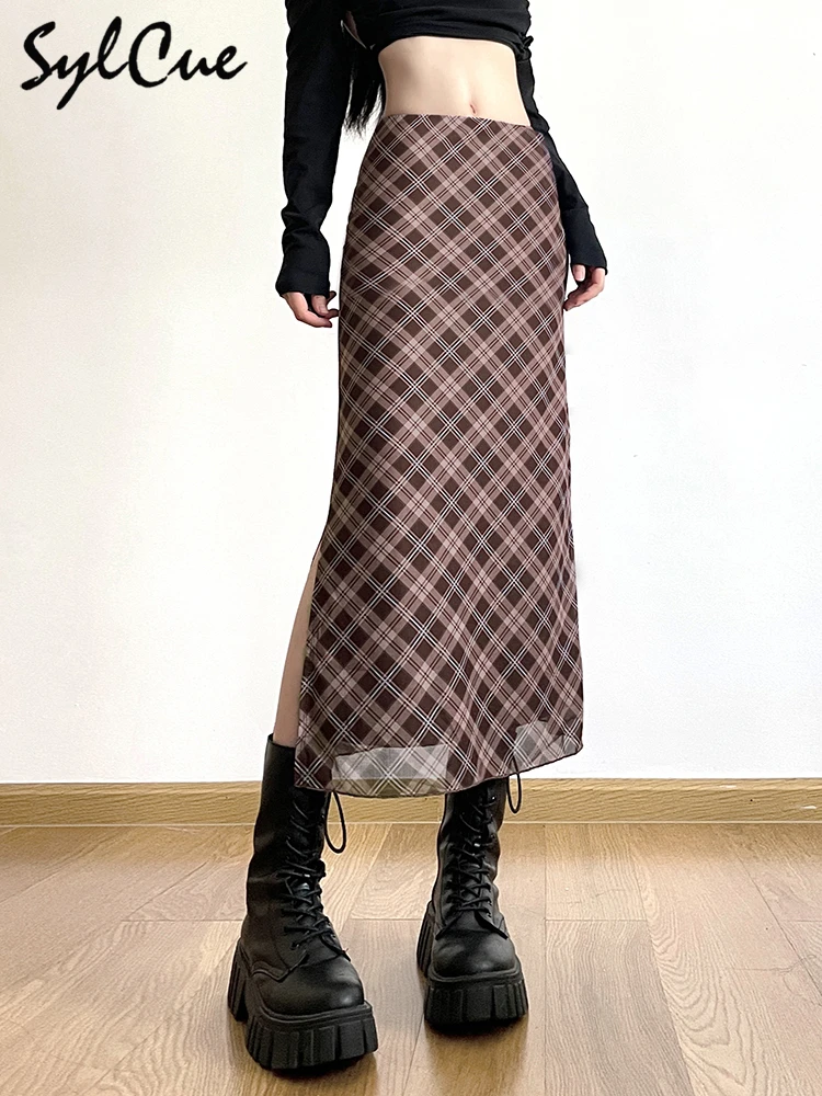 Sylcue French Style Rhomboid Classic Retro All-match Casual Fashionable Cool Self-confidence Street Women Autumn Straight Skirt