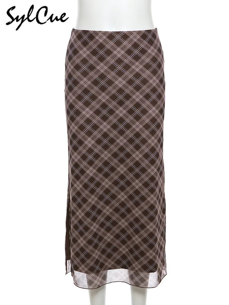 Sylcue French Style Rhomboid Classic Retro All-match Casual Fashionable Cool Self-confidence Street Women Autumn Straight Skirt