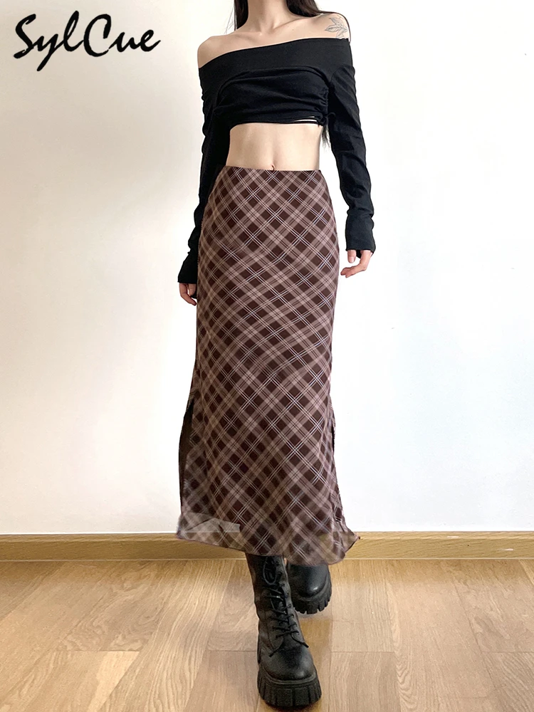 Sylcue French Style Rhomboid Classic Retro All-match Casual Fashionable Cool Self-confidence Street Women Autumn Straight Skirt