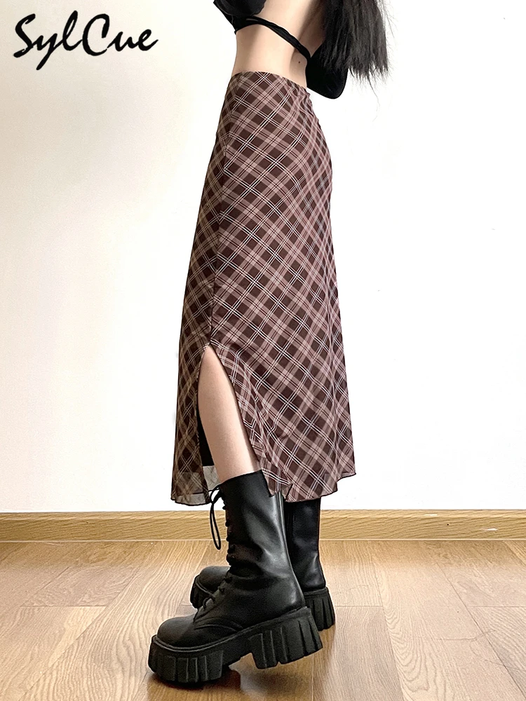 Sylcue French Style Rhomboid Classic Retro All-match Casual Fashionable Cool Self-confidence Street Women Autumn Straight Skirt