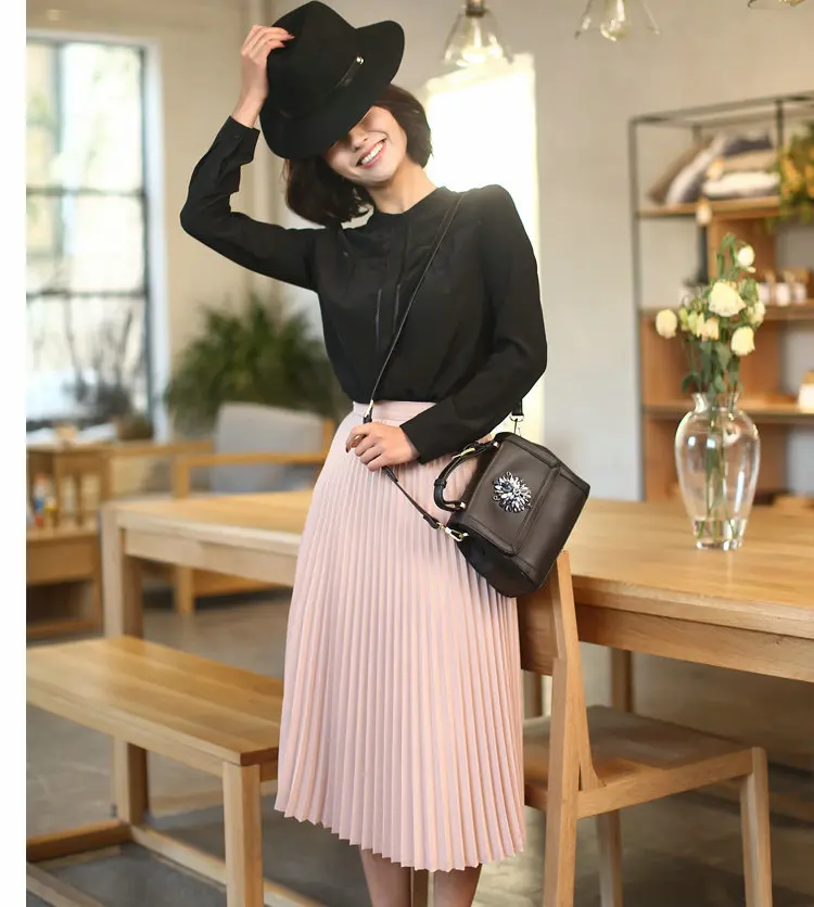 New Fashion Women's High Waist Pleated Solid Color Half Length Elastic Skirt Promotions Lady Black Pink