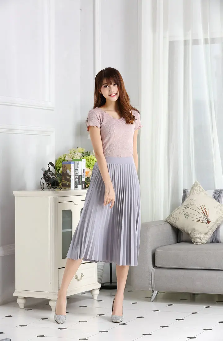 New Fashion Women's High Waist Pleated Solid Color Half Length Elastic Skirt Promotions Lady Black Pink