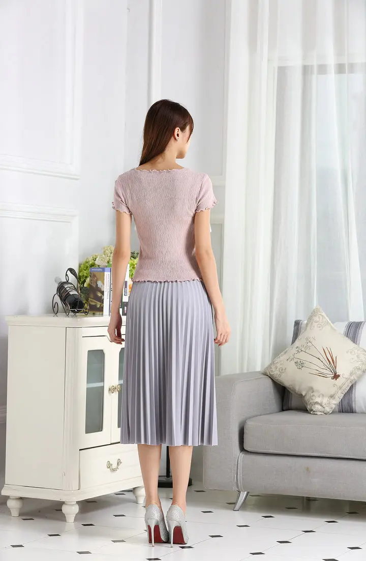 New Fashion Women's High Waist Pleated Solid Color Half Length Elastic Skirt Promotions Lady Black Pink