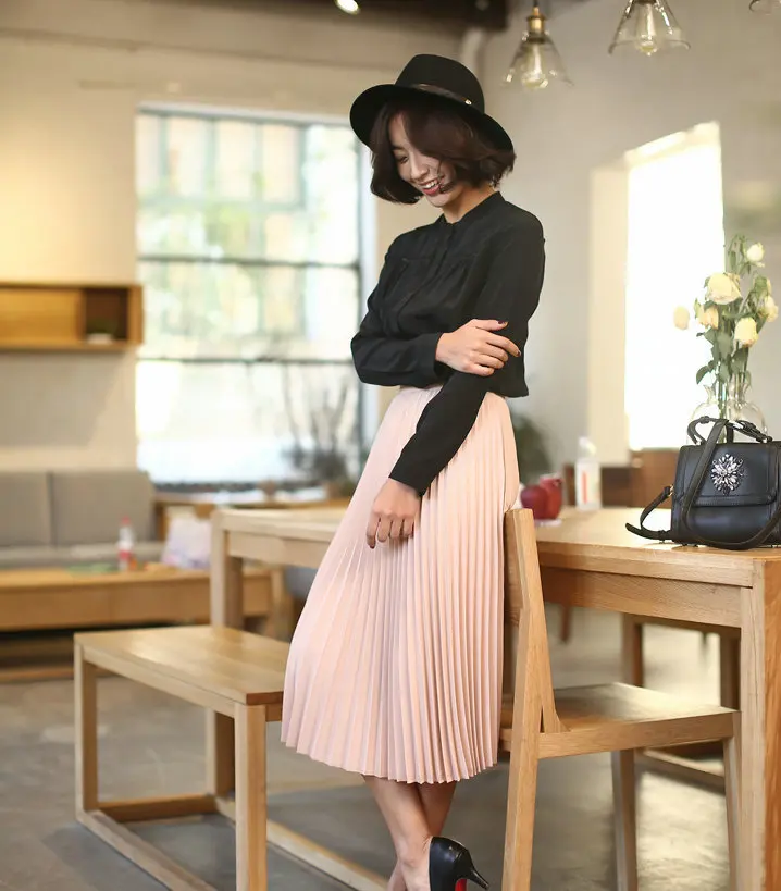 New Fashion Women's High Waist Pleated Solid Color Half Length Elastic Skirt Promotions Lady Black Pink