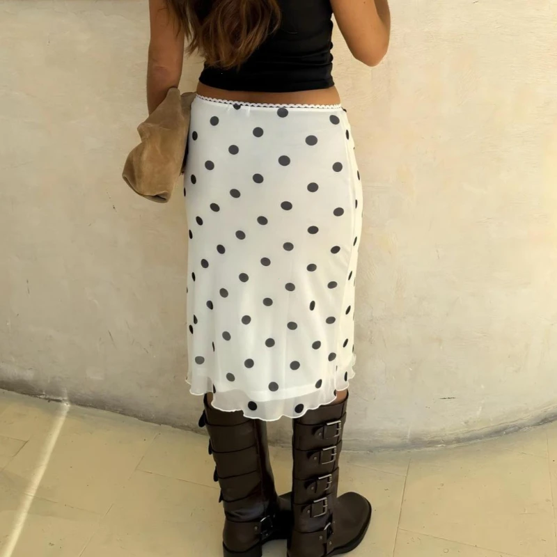 Womens Casual Midi Skirt Elegant Polka Dot Print Bodycon Pencil Skirt for Party Workout Daily Wear Summer Y2K Streetwear