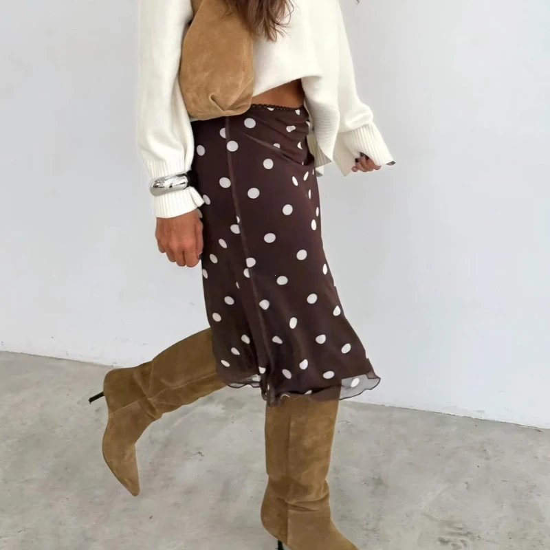 Womens Casual Midi Skirt Elegant Polka Dot Print Bodycon Pencil Skirt for Party Workout Daily Wear Summer Y2K Streetwear