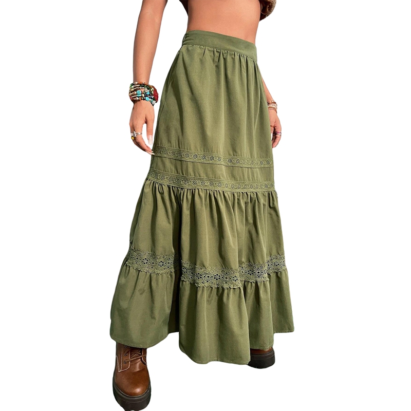 90s Vintage Green Pleated Skirts Korean Fashion Holiday Boho High Waist Long Skirts Retro Y2K Fairycore Cute Lace Trim Clothes