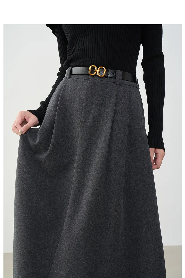 VIMLY Midi Women Skirt 2026 Autumn Office Lady Gray A-line Bud Elegant Ladies Skirt Zipper Loose Pockets Female Skirts A2202
