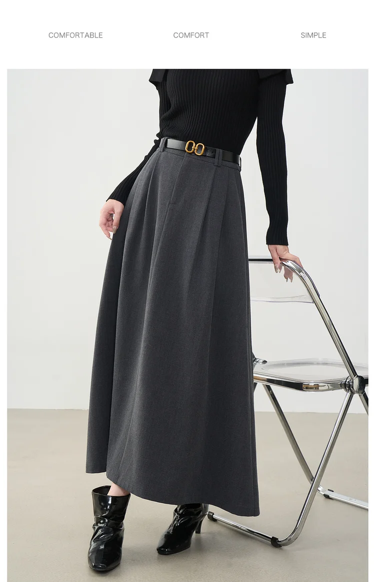 VIMLY Midi Women Skirt 2026 Autumn Office Lady Gray A-line Bud Elegant Ladies Skirt Zipper Loose Pockets Female Skirts A2202