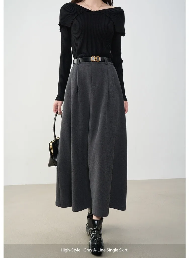 VIMLY Midi Women Skirt 2026 Autumn Office Lady Gray A-line Bud Elegant Ladies Skirt Zipper Loose Pockets Female Skirts A2202