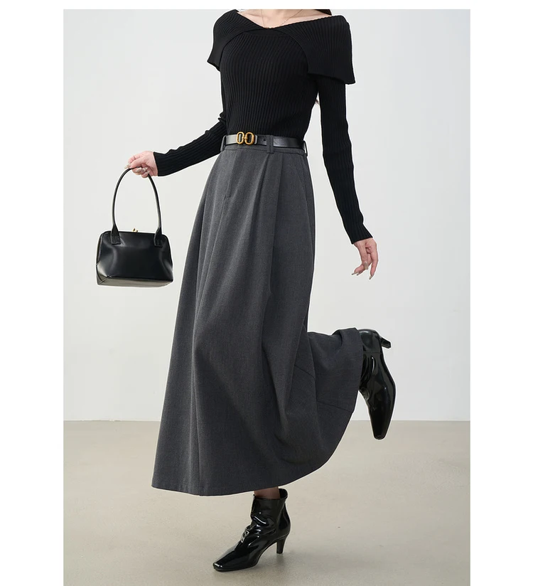 VIMLY Midi Women Skirt 2026 Autumn Office Lady Gray A-line Bud Elegant Ladies Skirt Zipper Loose Pockets Female Skirts A2202