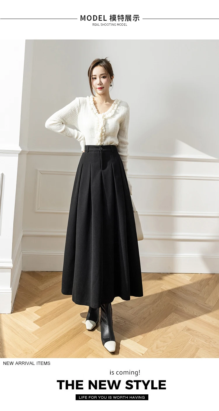 Elegant Women Faux Woolen Skirts For Office Ladies Pockets Casual Loose A-Line High Waist Midi Skirt 2025 Autumn Winter SK11