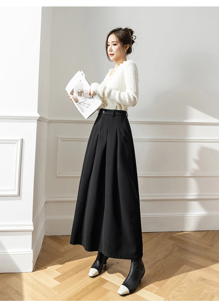 Elegant Women Faux Woolen Skirts For Office Ladies Pockets Casual Loose A-Line High Waist Midi Skirt 2025 Autumn Winter SK11