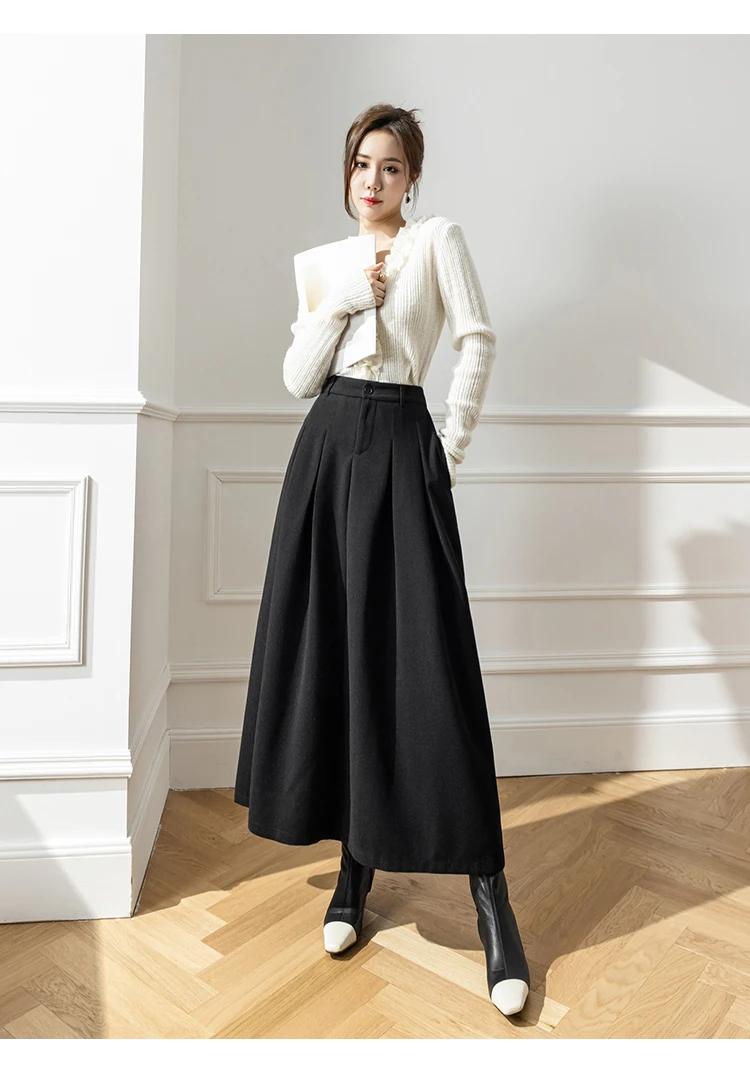 Elegant Women Faux Woolen Skirts For Office Ladies Pockets Casual Loose A-Line High Waist Midi Skirt 2025 Autumn Winter SK11