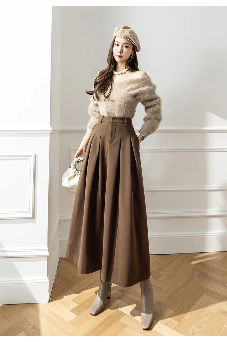 Elegant Women Faux Woolen Skirts For Office Ladies Pockets Casual Loose A-Line High Waist Midi Skirt 2025 Autumn Winter SK11