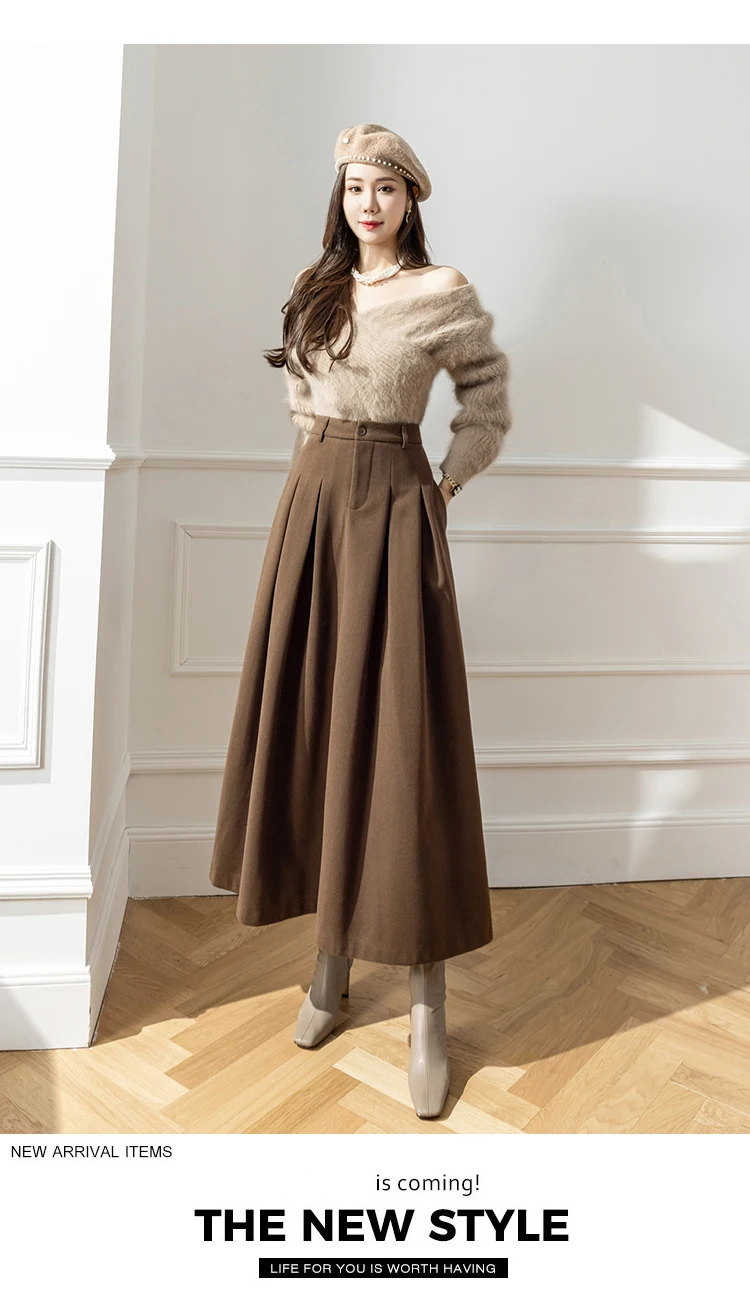 Elegant Women Faux Woolen Skirts For Office Ladies Pockets Casual Loose A-Line High Waist Midi Skirt 2025 Autumn Winter SK11