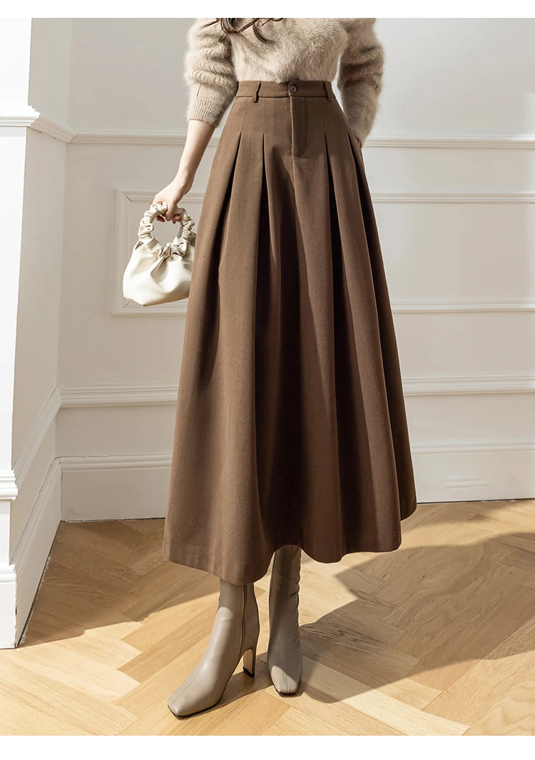 Elegant Women Faux Woolen Skirts For Office Ladies Pockets Casual Loose A-Line High Waist Midi Skirt 2025 Autumn Winter SK11