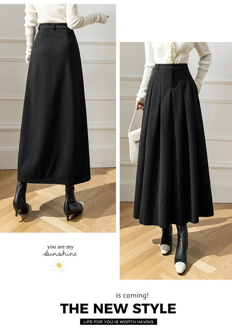 Elegant Women Faux Woolen Skirts For Office Ladies Pockets Casual Loose A-Line High Waist Midi Skirt 2025 Autumn Winter SK11