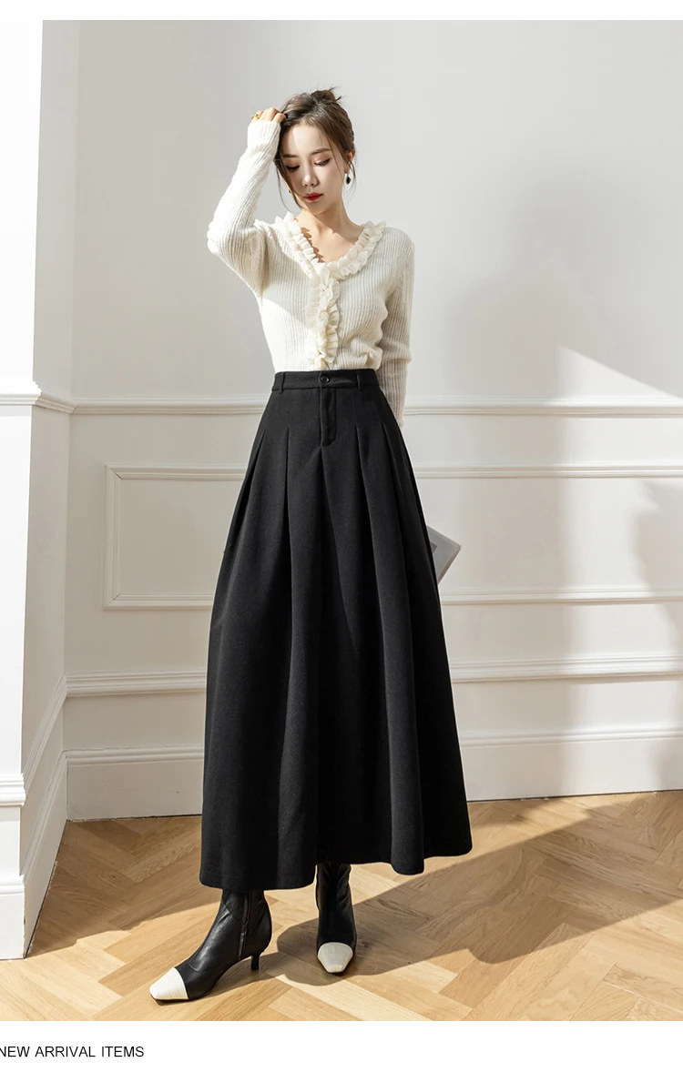 Elegant Women Faux Woolen Skirts For Office Ladies Pockets Casual Loose A-Line High Waist Midi Skirt 2025 Autumn Winter SK11