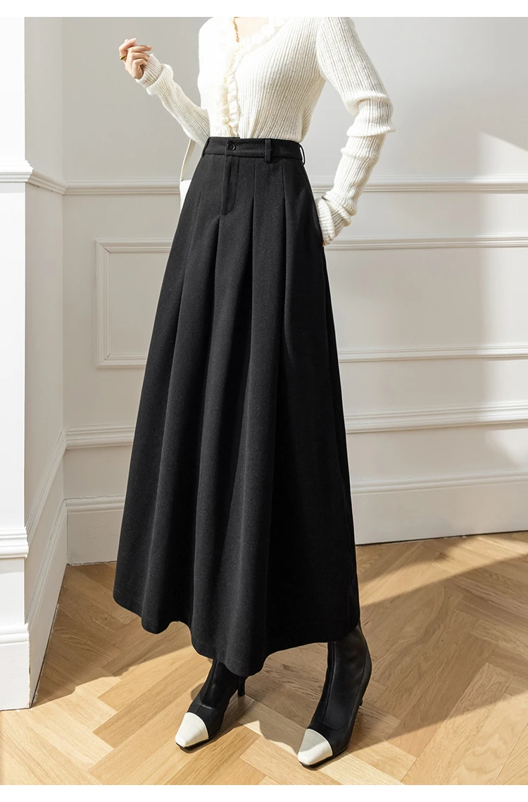 Elegant Women Faux Woolen Skirts For Office Ladies Pockets Casual Loose A-Line High Waist Midi Skirt 2025 Autumn Winter SK11