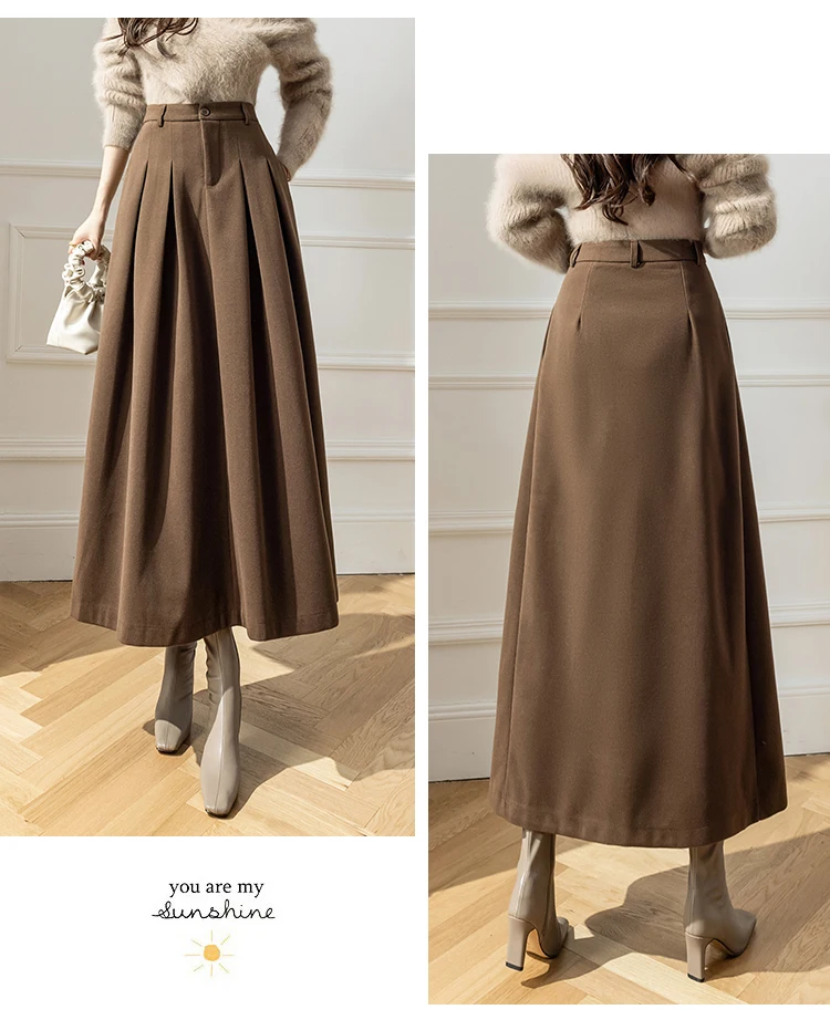 Elegant Women Faux Woolen Skirts For Office Ladies Pockets Casual Loose A-Line High Waist Midi Skirt 2025 Autumn Winter SK11