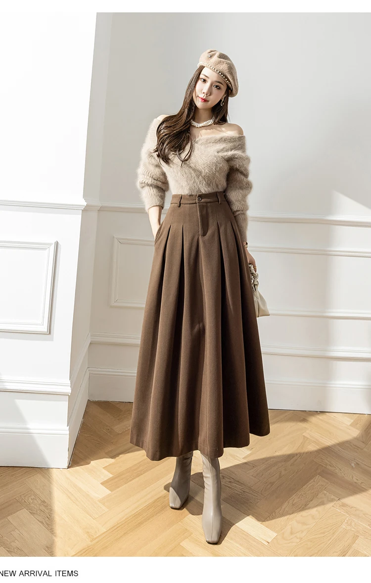 Elegant Women Faux Woolen Skirts For Office Ladies Pockets Casual Loose A-Line High Waist Midi Skirt 2025 Autumn Winter SK11